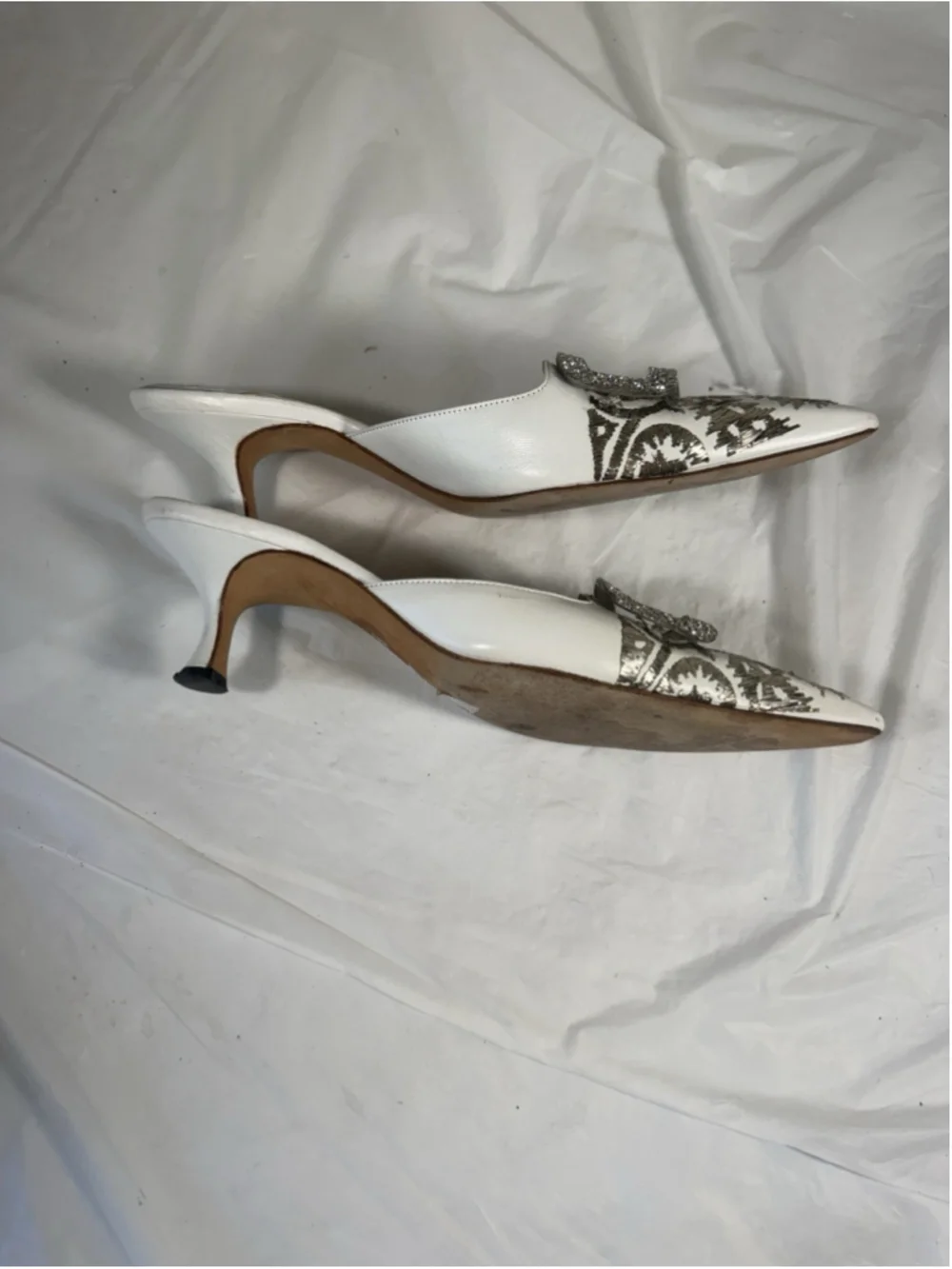 Manolo Blahnik Leather Mules White Graphic Print Crystals - Picture 8 of 14